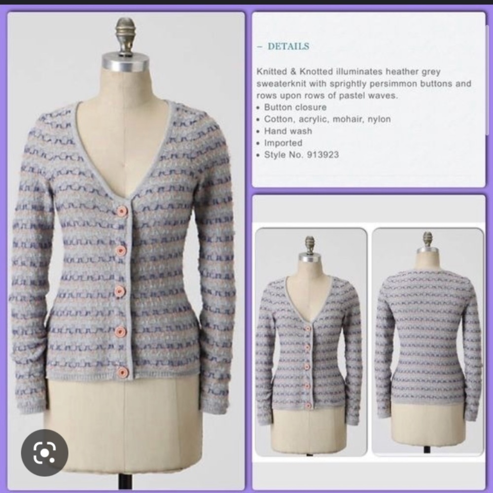 Knitted & Knotted Spirit Stitched Mohair Sweater Gray Blue Button Embroidered